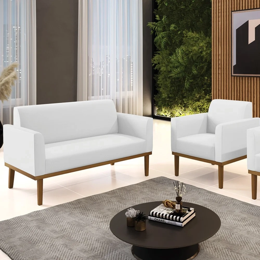 Sofá Namoradeira e 1 Poltrona Base Madeira Castanho Maressa Sintético PU Branco - Ibiza