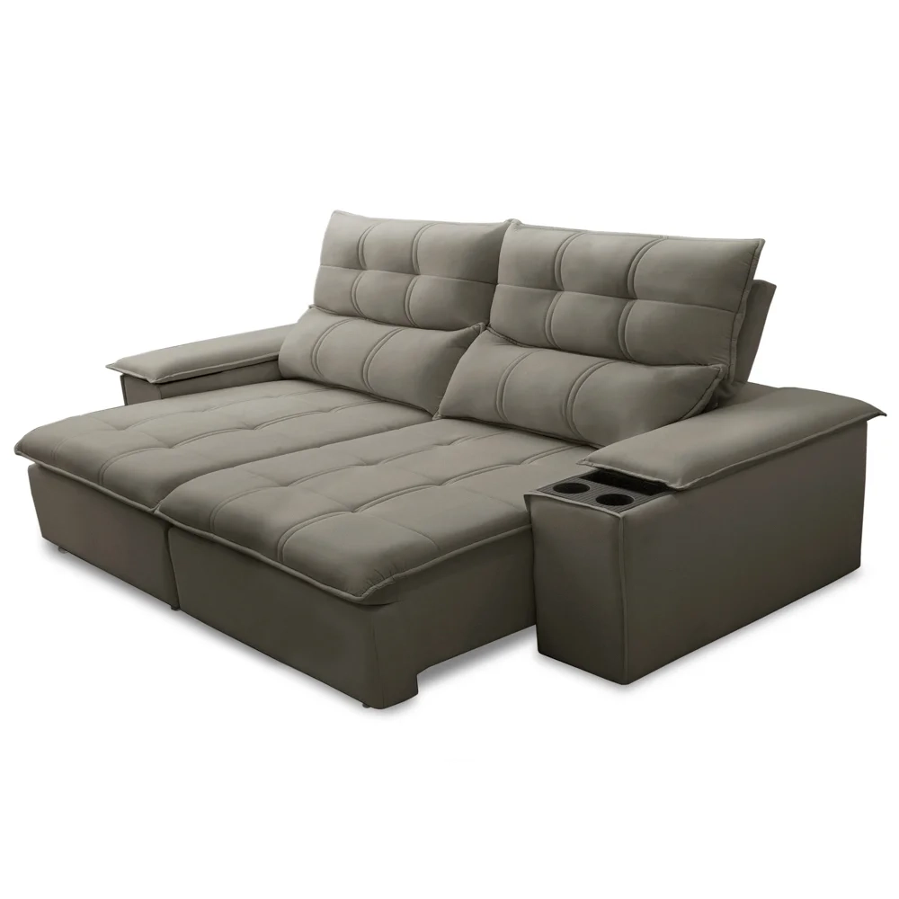 Sofá Retrátil 3 Lugares com Porta Copo 210cm Malta F05 Veludo Marrom - Mpozenato