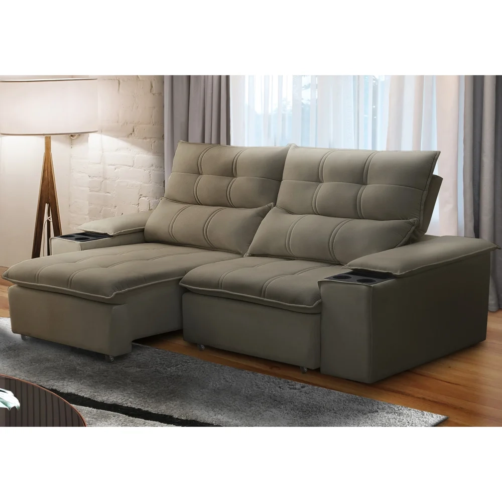 Sofá Retrátil 3 Lugares com Porta Copo 210cm Malta F05 Veludo Marrom - Mpozenato