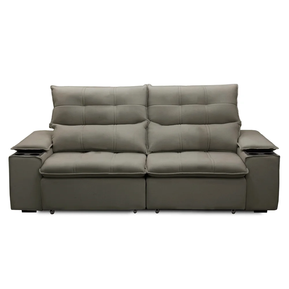 Sofá Retrátil 3 Lugares com Porta Copo 210cm Malta F05 Veludo Marrom - Mpozenato