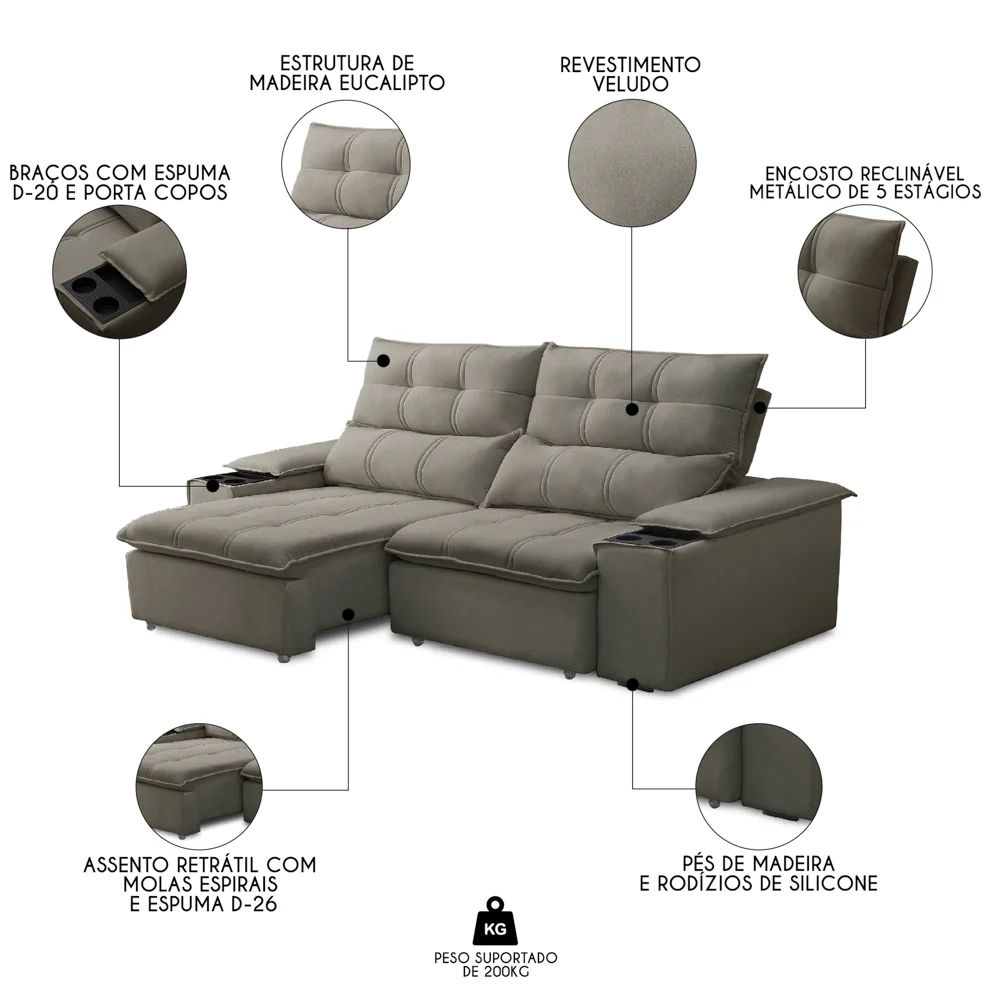 Sofá Retrátil 3 Lugares com Porta Copo 210cm Malta F05 Veludo Marrom - Mpozenato