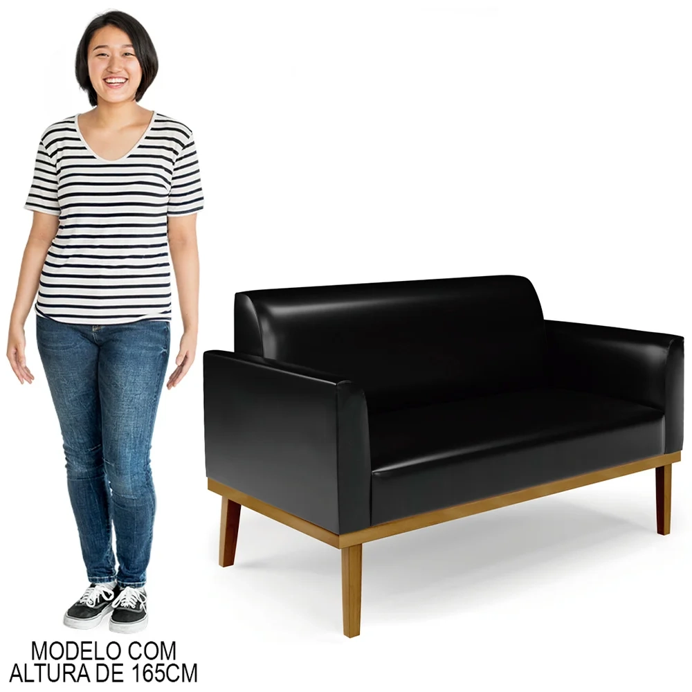 Sofá Namoradeira e 1 Poltrona Base Madeira Castanho Maressa Sintético PU Preto - Ibiza