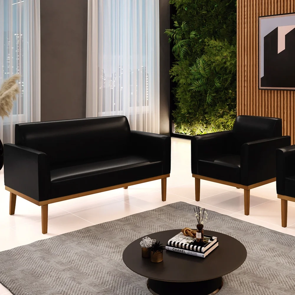 Sofá Namoradeira e 1 Poltrona Base Madeira Castanho Maressa Sintético PU Preto - Ibiza