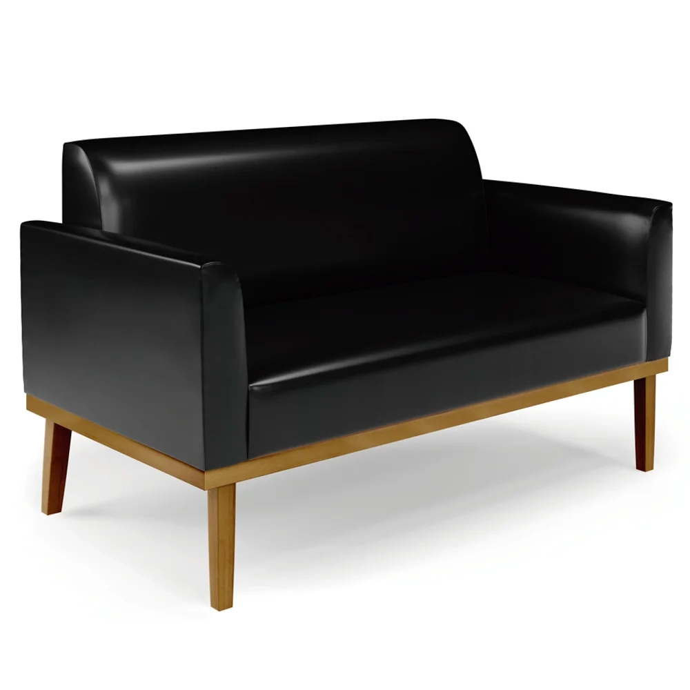 Sofá Namoradeira e 1 Poltrona Base Madeira Castanho Maressa Sintético PU Preto - Ibiza