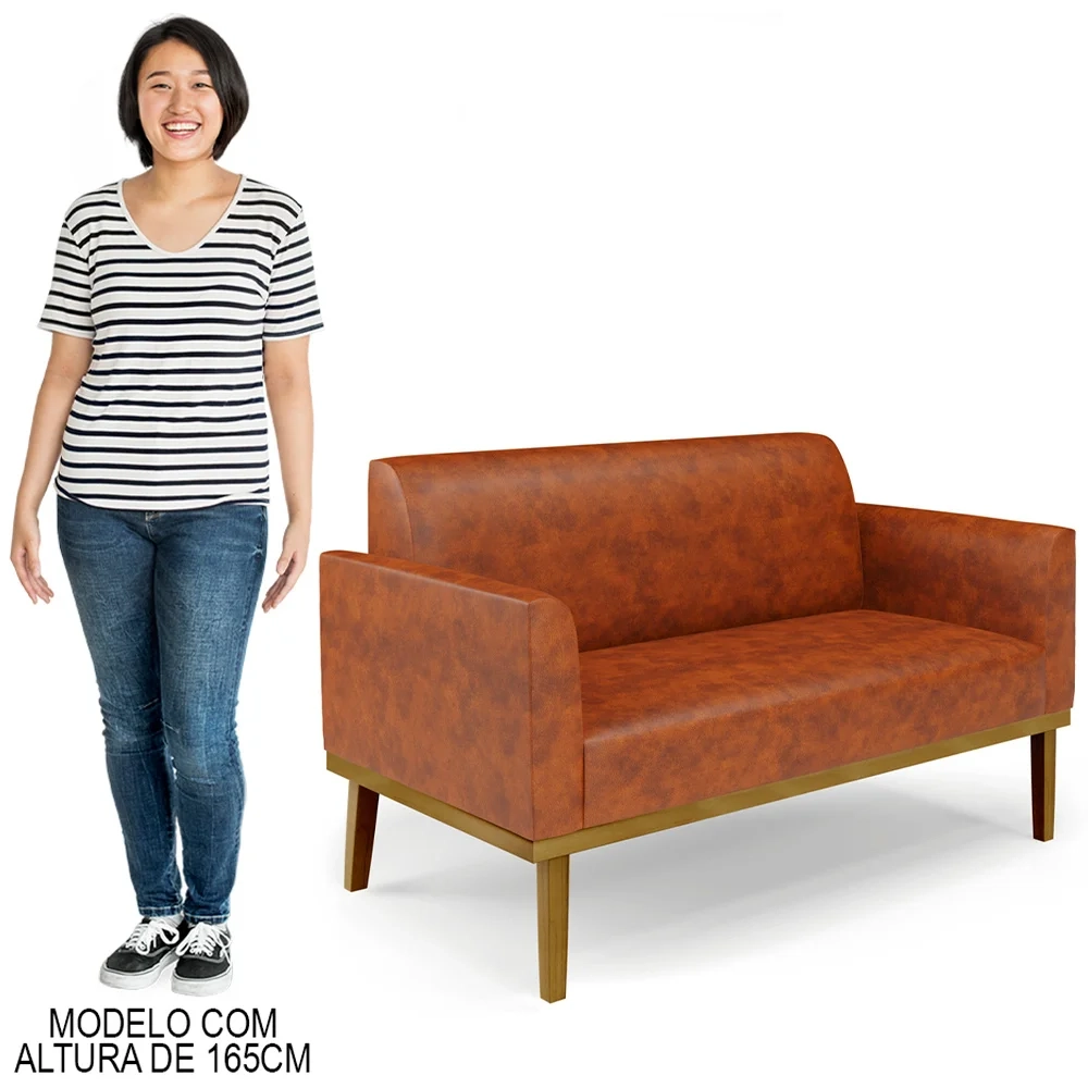 Sofá Namoradeira e 1 Poltrona Base Madeira Castanho Maressa Sintético PU Nozes - Ibiza