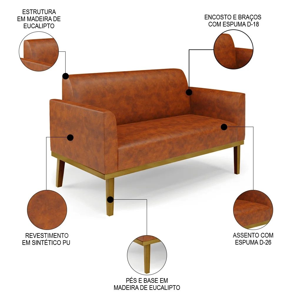 Sofá Namoradeira e 1 Poltrona Base Madeira Castanho Maressa Sintético PU Nozes - Ibiza