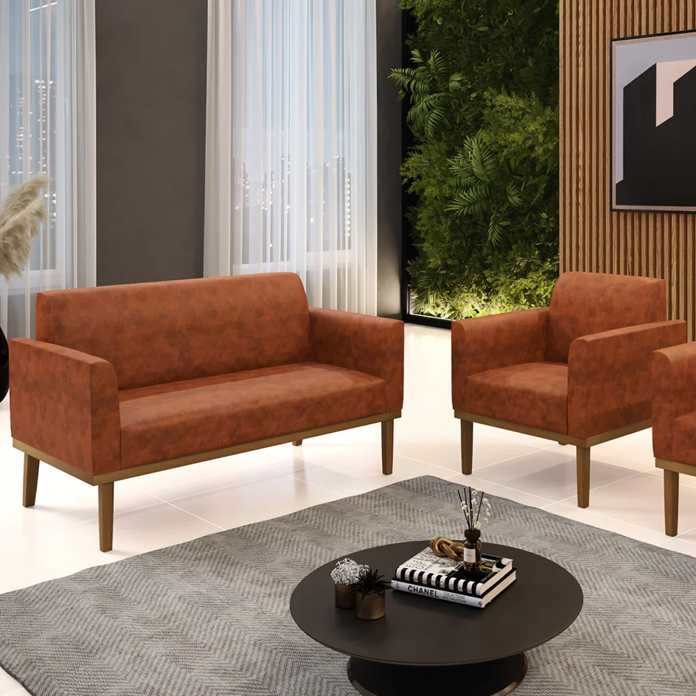 Sofá Namoradeira e 1 Poltrona Base Madeira Castanho Maressa Sintético PU Nozes - Ibiza