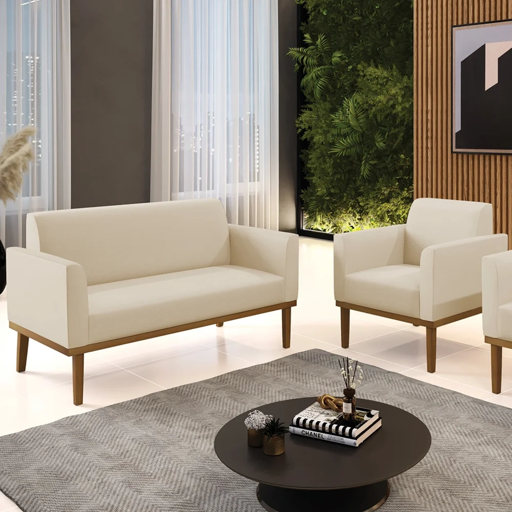 Sofá Namoradeira e 1 Poltrona Base Madeira Castanho Maressa Sintético Bege - Ibiza