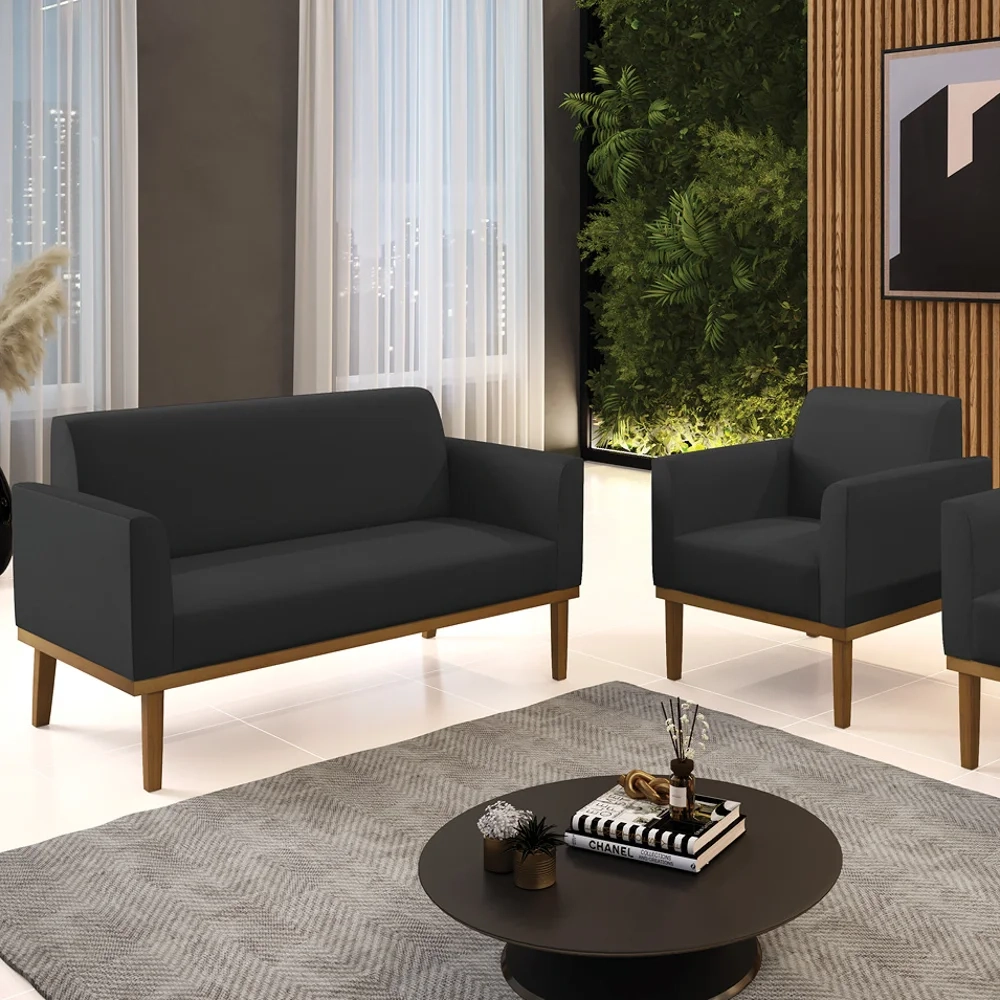 Sofá Namoradeira e 1 Poltrona Base Madeira Castanho Maressa Sintético Preto - Ibiza