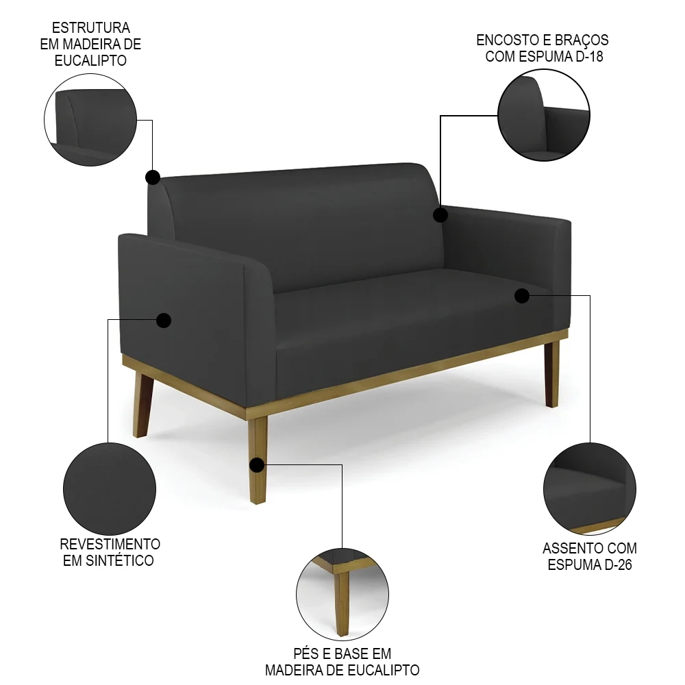 Sofá Namoradeira e 1 Poltrona Base Madeira Castanho Maressa Sintético Preto - Ibiza