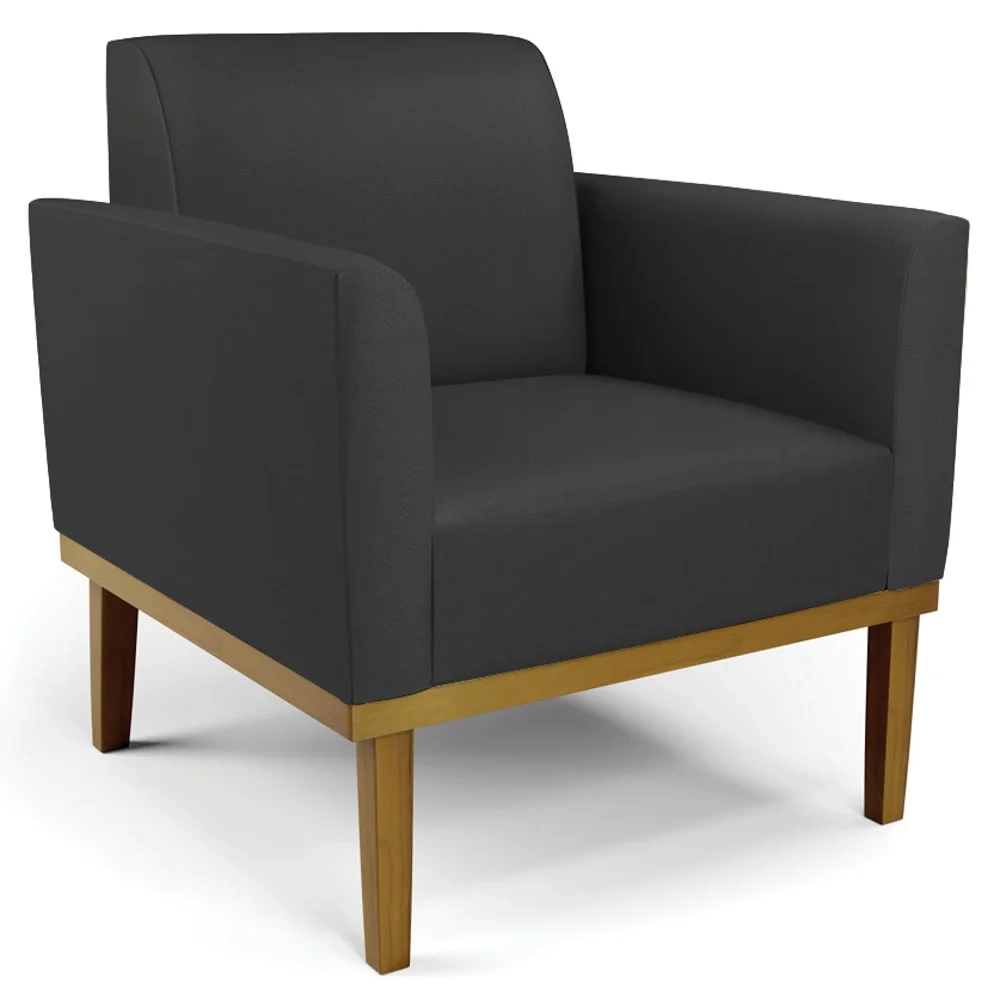 Sofá Namoradeira e 1 Poltrona Base Madeira Castanho Maressa Sintético Preto - Ibiza