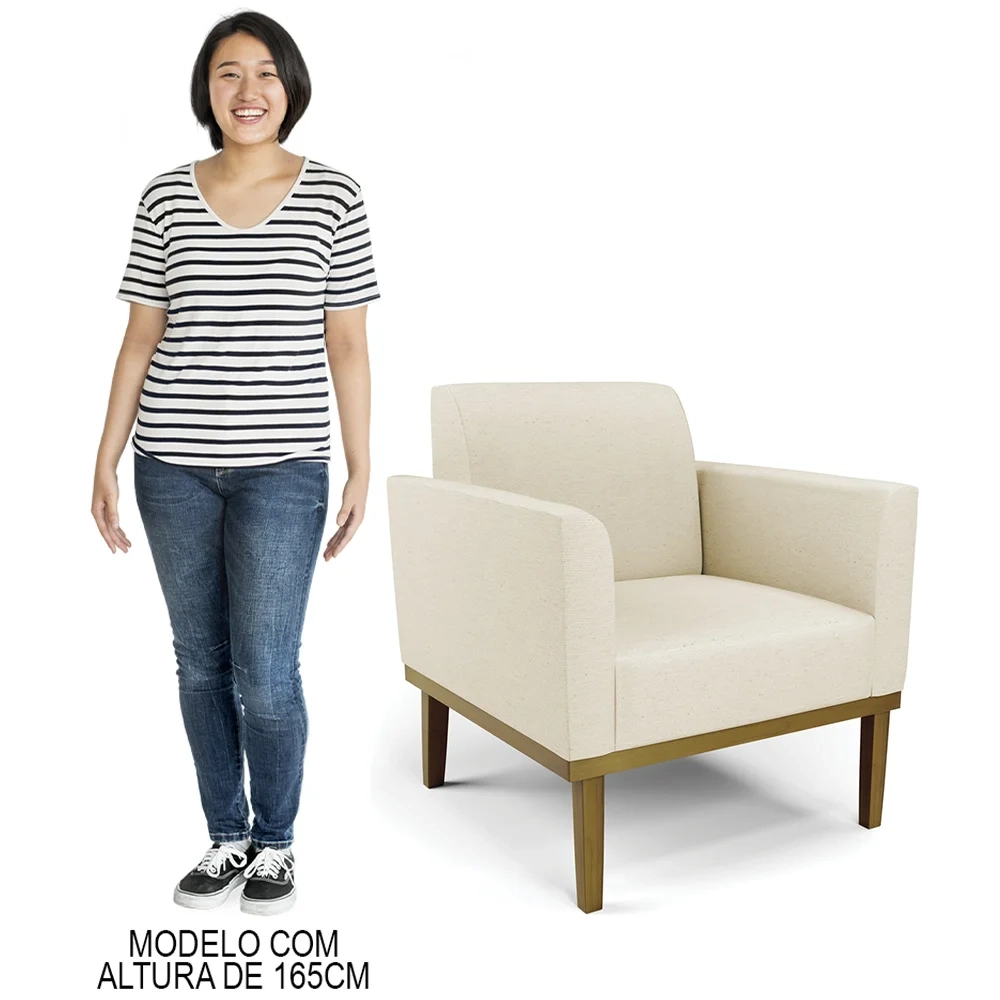 Sofá Namoradeira e 1 Poltrona Base Madeira Castanho Maressa Linho Bege - Ibiza