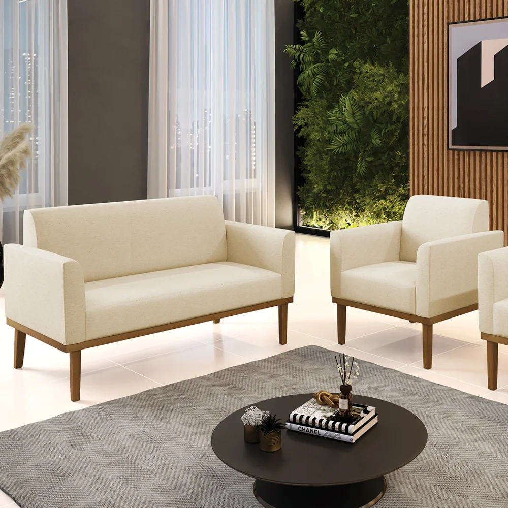 Sofá Namoradeira e 1 Poltrona Base Madeira Castanho Maressa Linho Bege - Ibiza