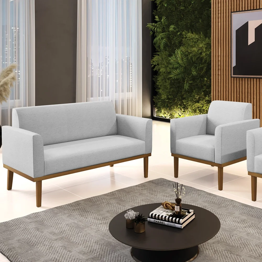 Sofá Namoradeira e 1 Poltrona Base Madeira Castanho Maressa Linho Cinza - Ibiza