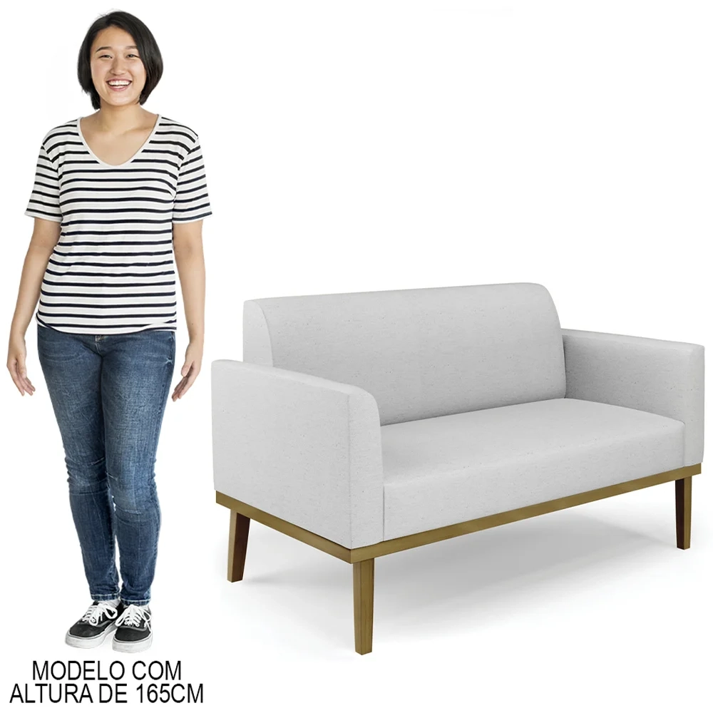 Sofá Namoradeira e 1 Poltrona Base Madeira Castanho Maressa Linho Cinza - Ibiza