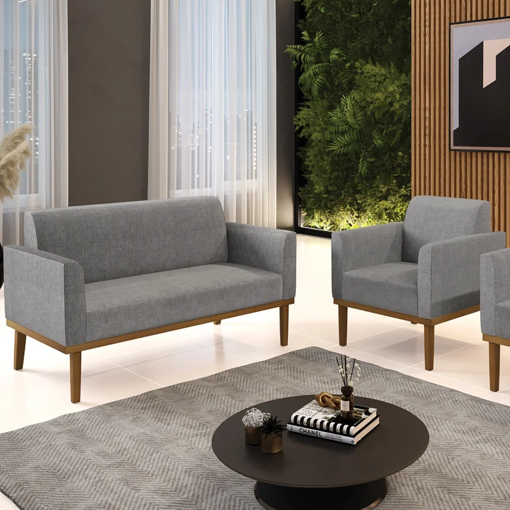 Sofá Namoradeira e 1 Poltrona Base Madeira Castanho Maressa Linho Grafite - Ibiza