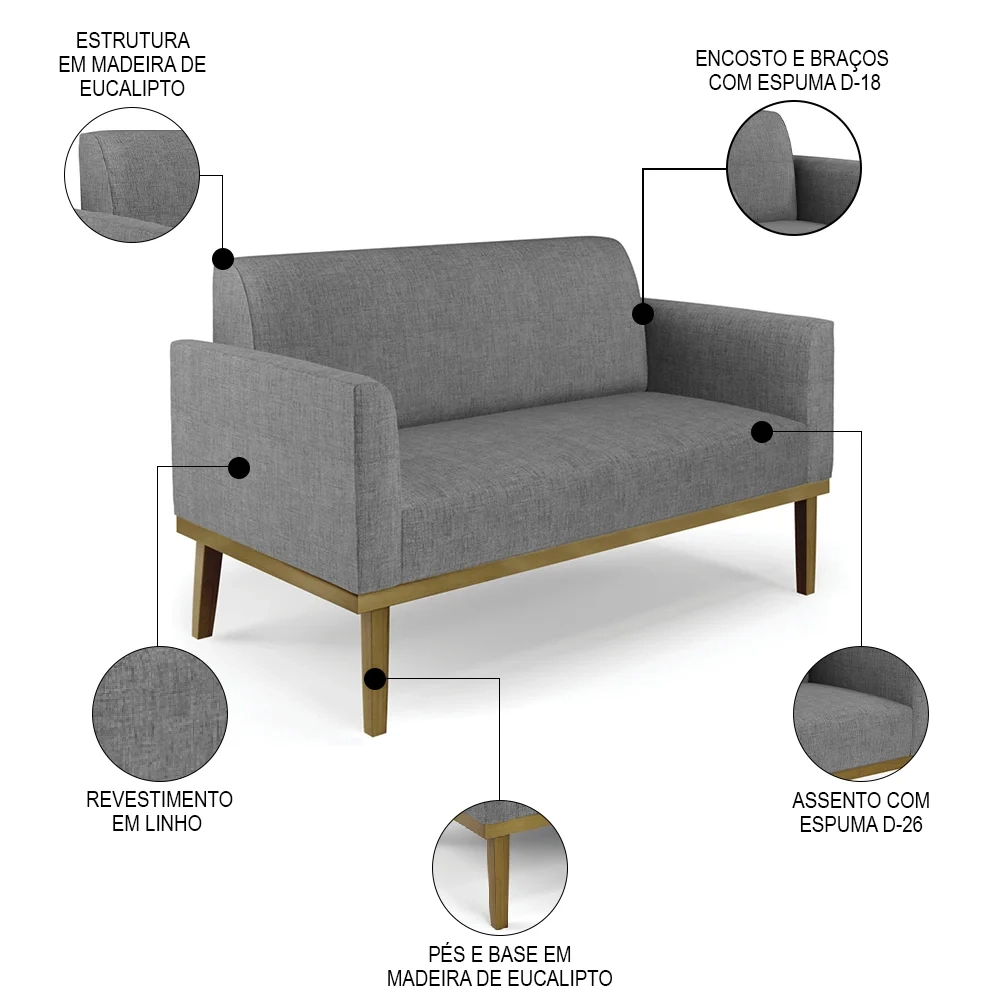 Sofá Namoradeira e 1 Poltrona Base Madeira Castanho Maressa Linho Grafite - Ibiza