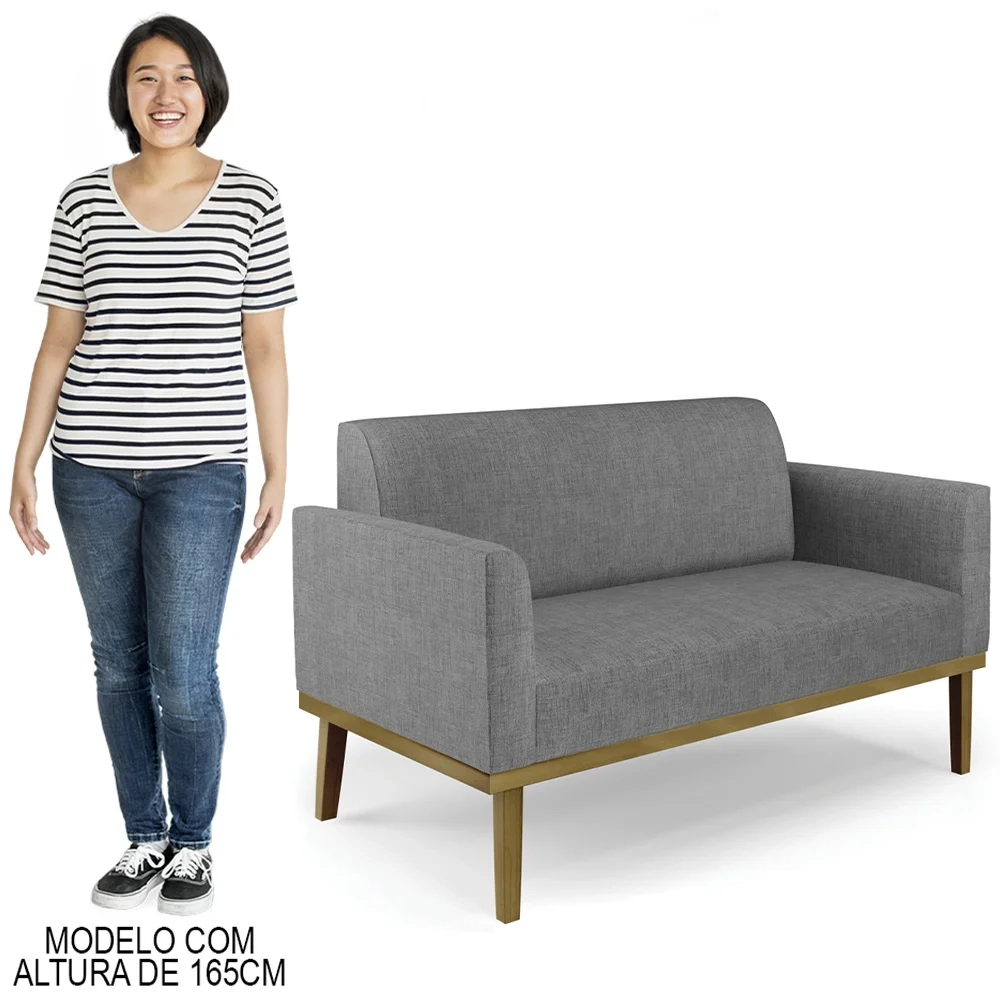 Sofá Namoradeira e 2 Poltronas Base Madeira Castanho Maressa Linho Grafite - Ibiza