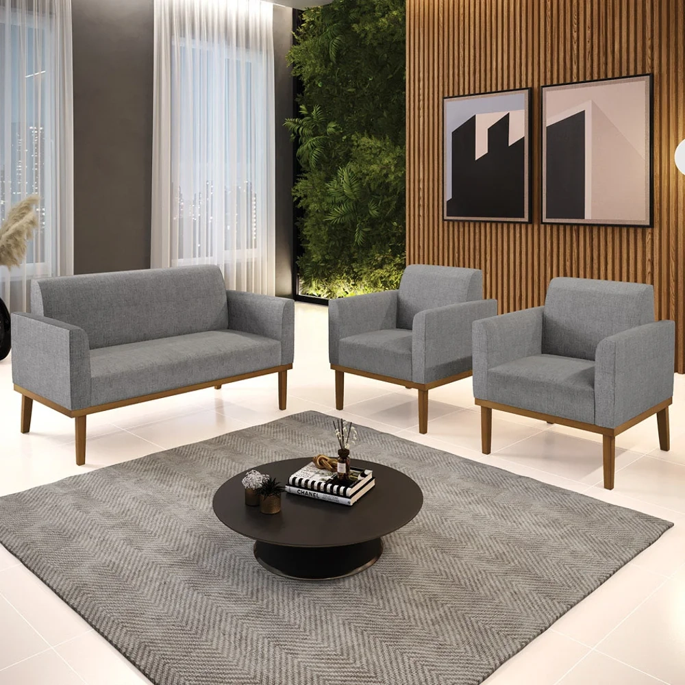 Sofá Namoradeira e 2 Poltronas Base Madeira Castanho Maressa Linho Grafite - Ibiza