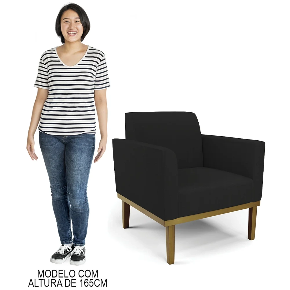 Sofá Namoradeira e 2 Poltronas Base Madeira Castanho Maressa Linho Preto - Ibiza