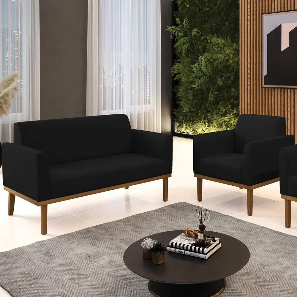 Sofá Namoradeira e 1 Poltrona Base Madeira Castanho Maressa Linho Preto - Ibiza