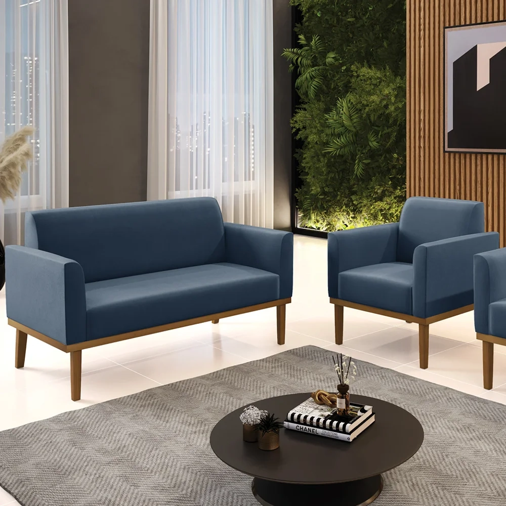 Sofá Namoradeira e 1 Poltrona Base Madeira Castanho Maressa Suede Azul Marinho - Ibiza