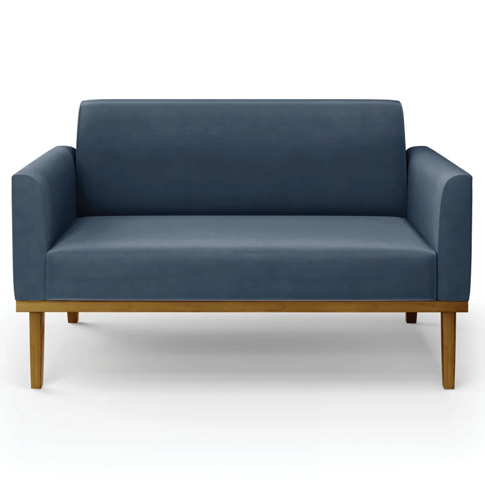 Sofá Namoradeira e 1 Poltrona Base Madeira Castanho Maressa Suede Azul Marinho - Ibiza