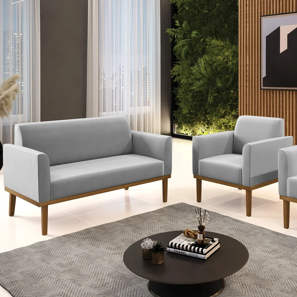 Sofá Namoradeira e 1 Poltrona Base Madeira Castanho Maressa Suede Cinza - Ibiza