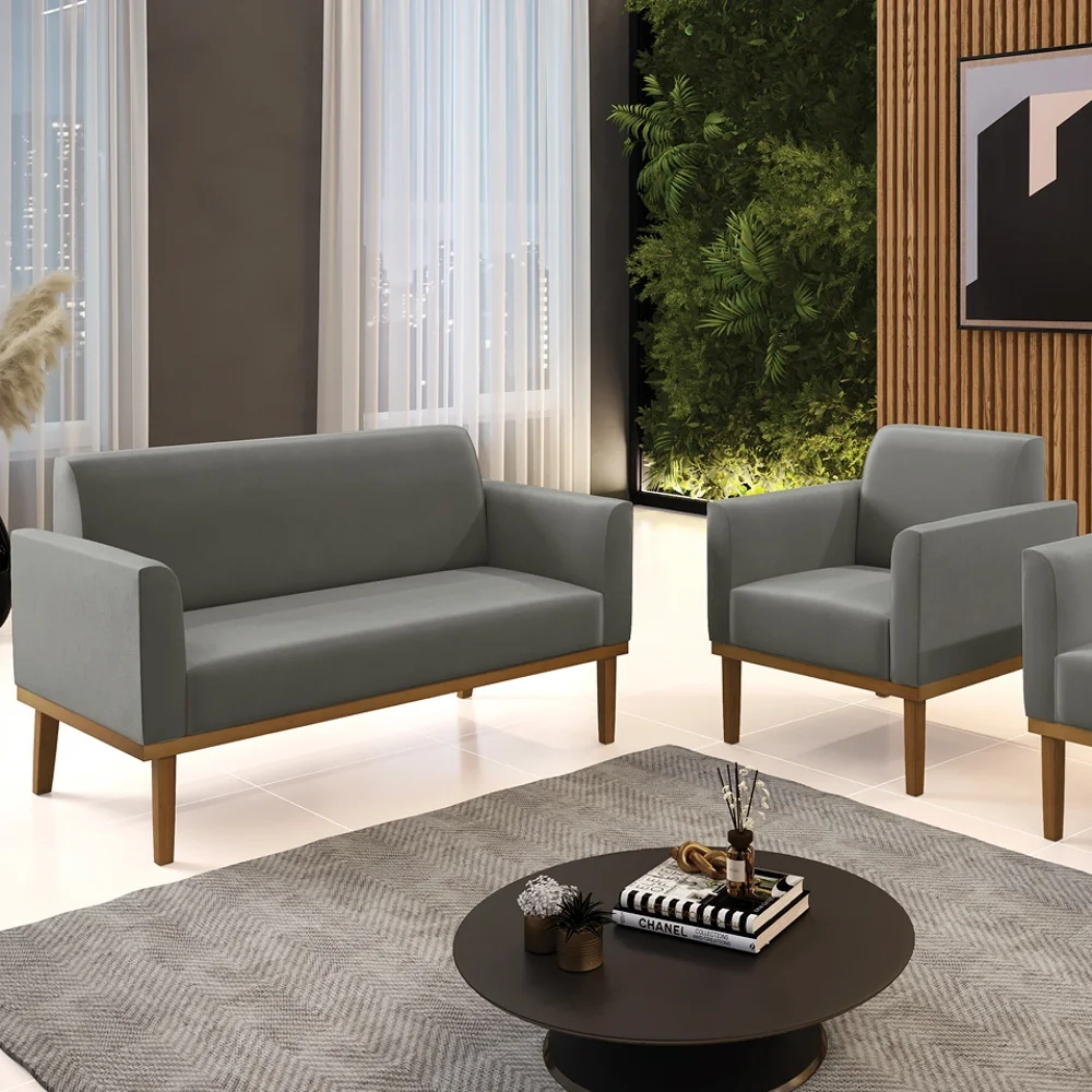 Sofá Namoradeira e 1 Poltrona Base Madeira Castanho Maressa Suede Grafite - Ibiza