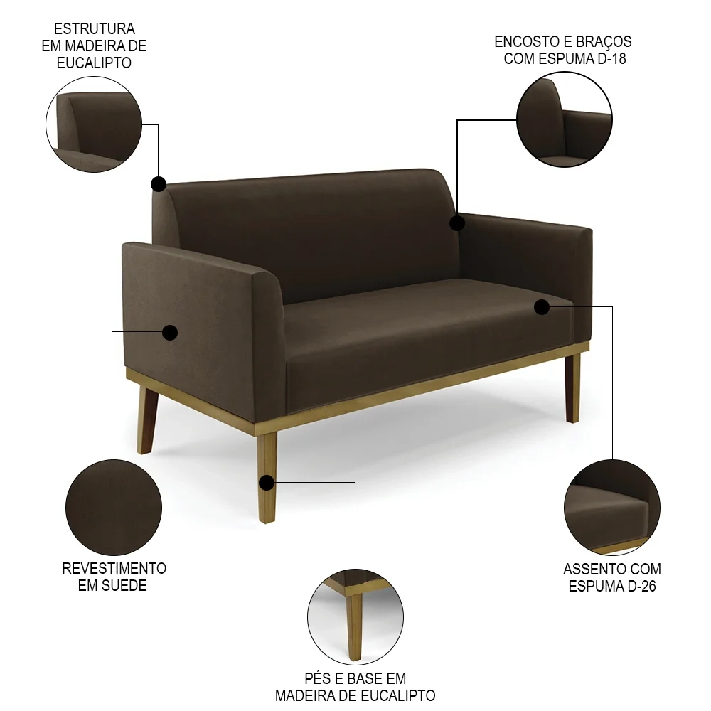 Sofá Namoradeira e 1 Poltrona Base Madeira Castanho Maressa Suede Marrom - Ibiza