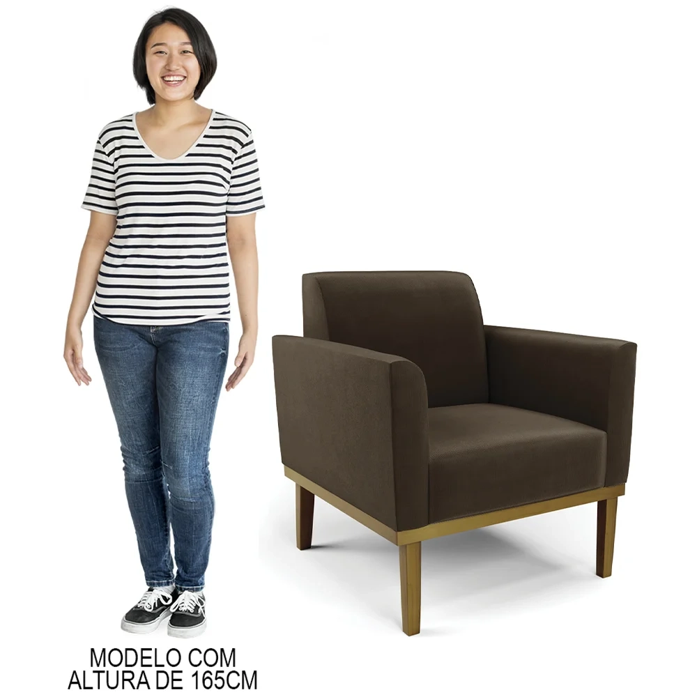 Sofá Namoradeira e 1 Poltrona Base Madeira Castanho Maressa Suede Marrom - Ibiza