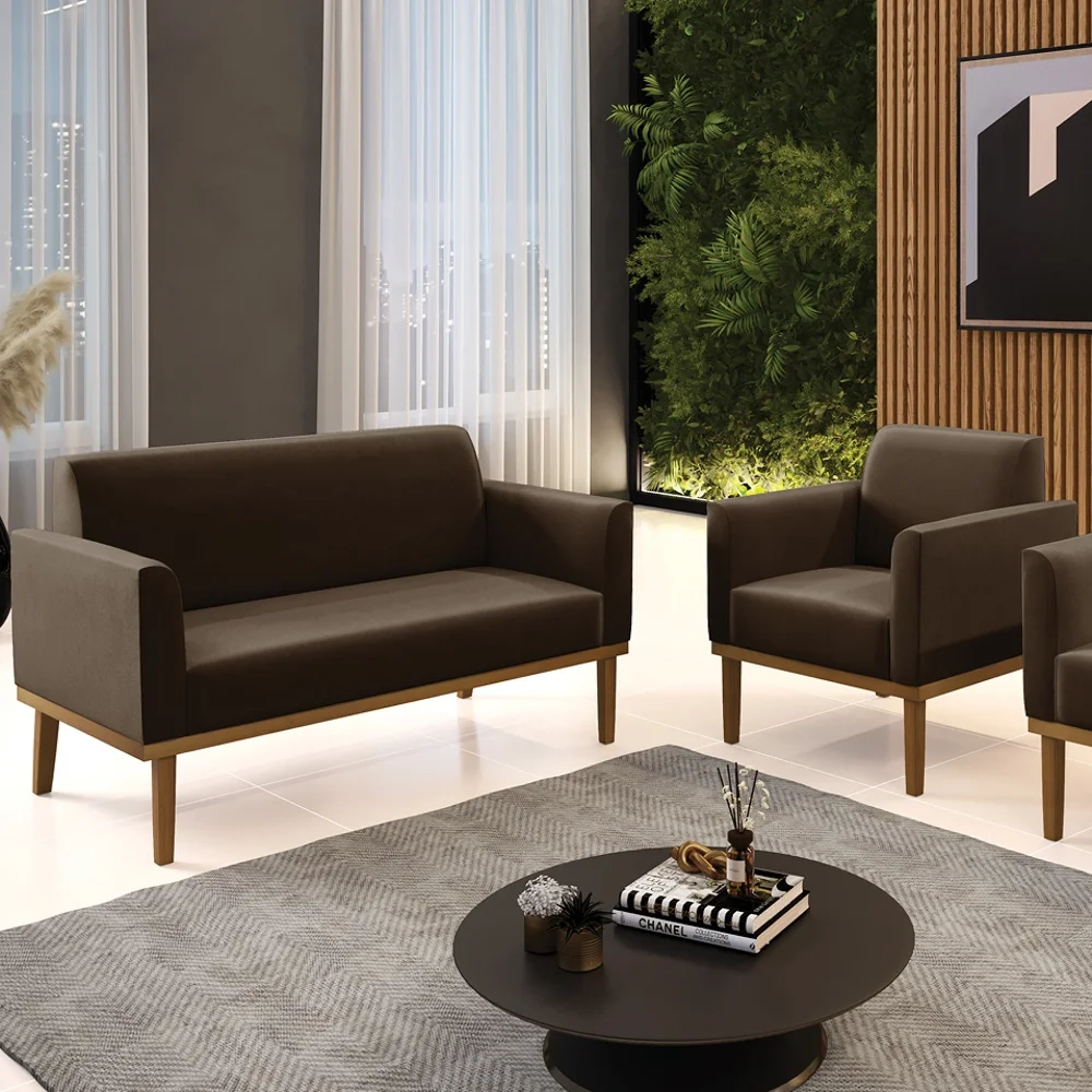 Sofá Namoradeira e 1 Poltrona Base Madeira Castanho Maressa Suede Marrom - Ibiza