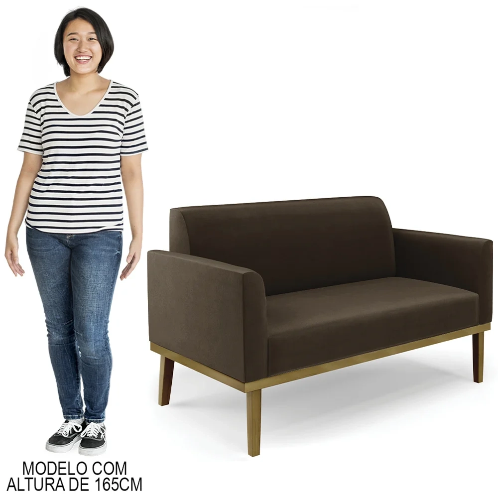 Sofá Namoradeira e 1 Poltrona Base Madeira Castanho Maressa Suede Marrom - Ibiza