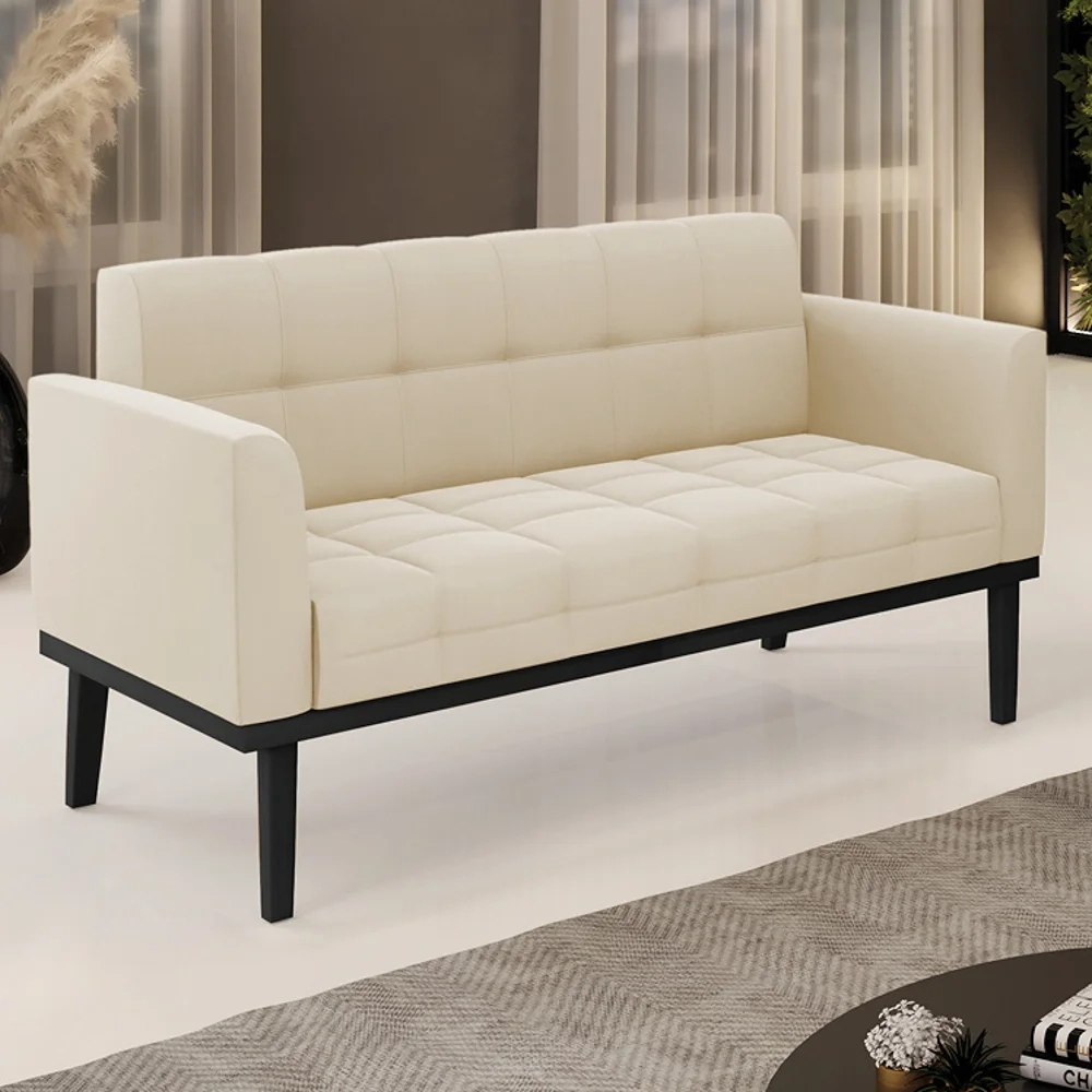 Sofá Namoradeira Base Madeira Preto Ana Suede Bege - Ibiza