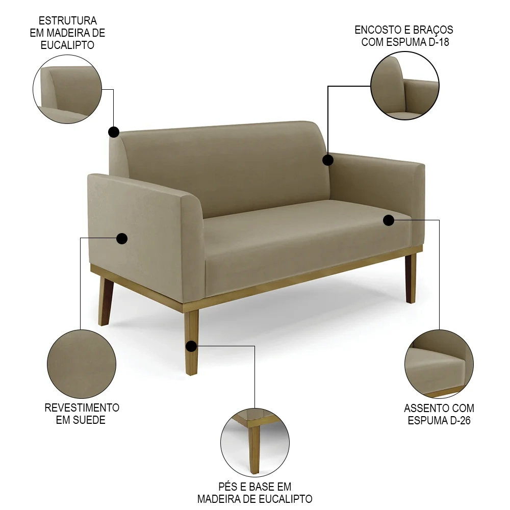 Sofá Namoradeira e 1 Poltrona Base Madeira Castanho Maressa Suede Marrom RT - Ibiza