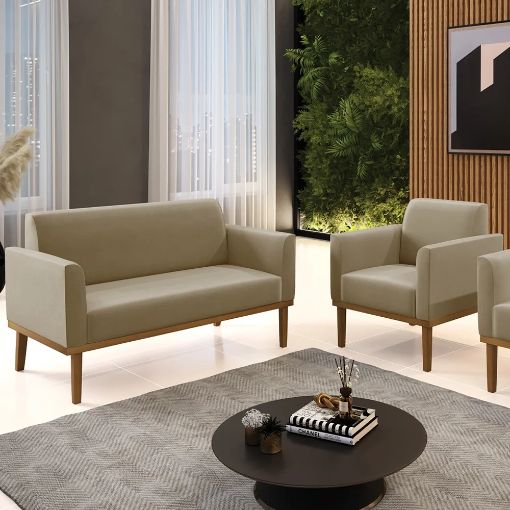 Sofá Namoradeira e 1 Poltrona Base Madeira Castanho Maressa Suede Marrom RT - Ibiza