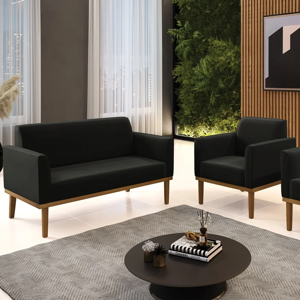 Sofá Namoradeira e 1 Poltrona Base Madeira Castanho Maressa Suede Preto - Ibiza