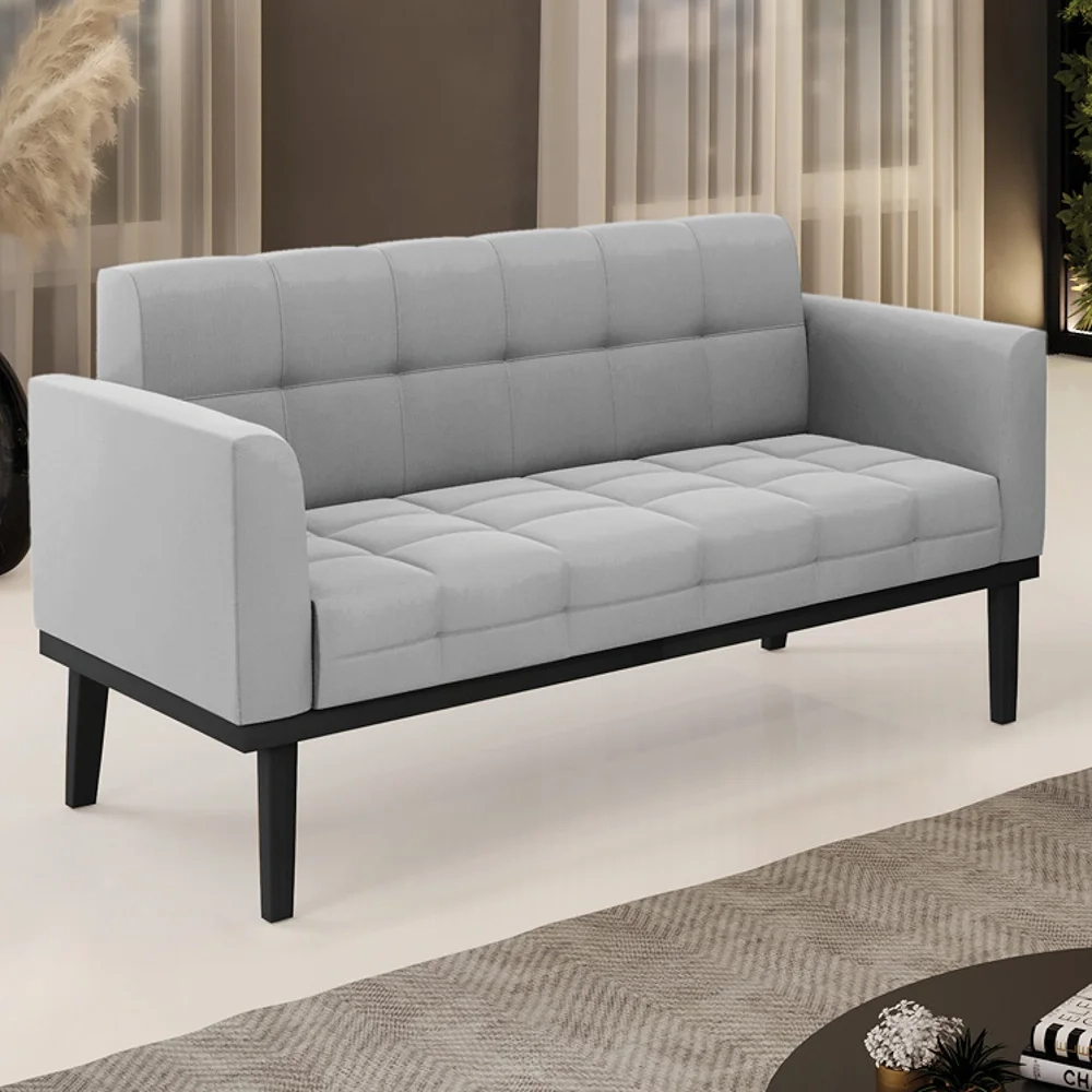 Sofá Namoradeira Base Madeira Preto Ana Suede Cinza - Ibiza