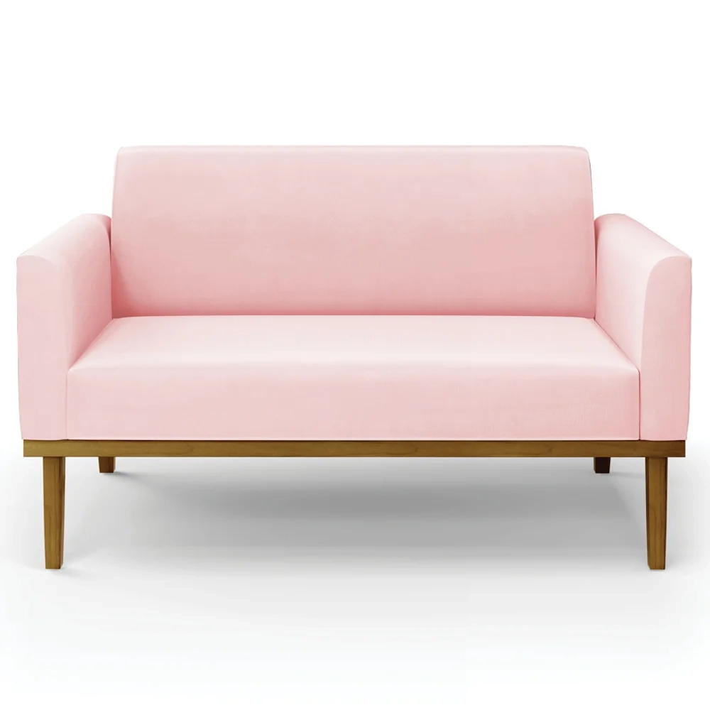 Sofá Namoradeira e 1 Poltrona Base Madeira Castanho Maressa Suede Rosa Bebê - Ibiza