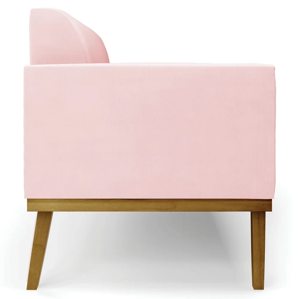 Sofá Namoradeira e 1 Poltrona Base Madeira Castanho Maressa Suede Rosa Bebê - Ibiza
