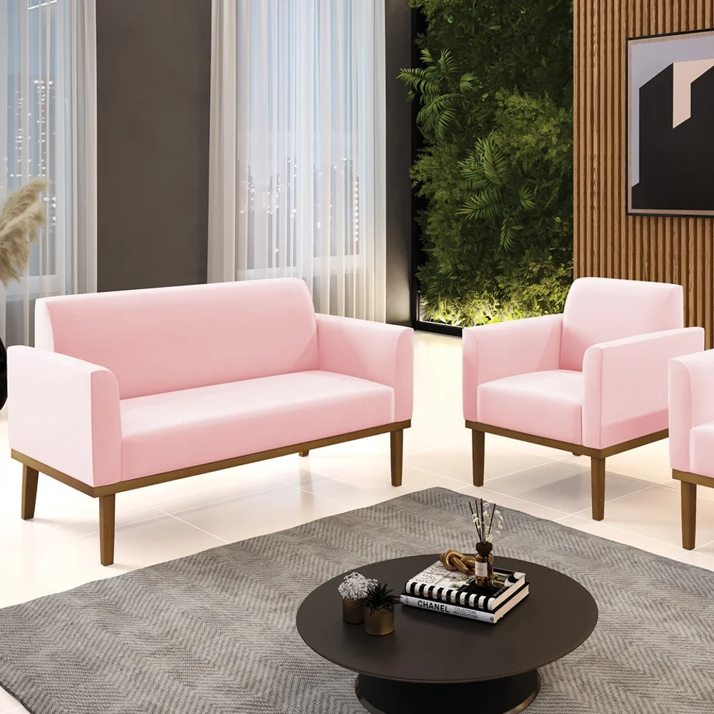 Sofá Namoradeira e 1 Poltrona Base Madeira Castanho Maressa Suede Rosa Bebê - Ibiza