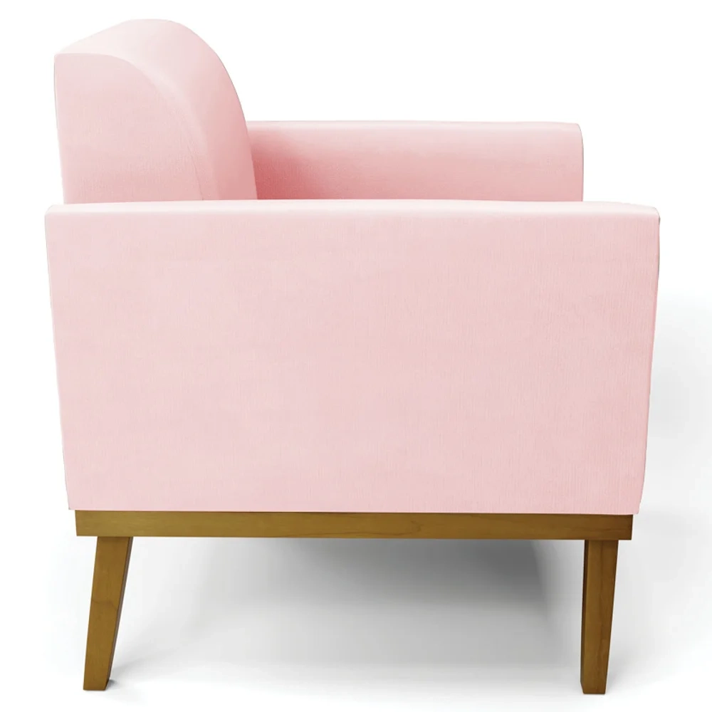 Sofá Namoradeira e 1 Poltrona Base Madeira Castanho Maressa Suede Rosa Bebê - Ibiza