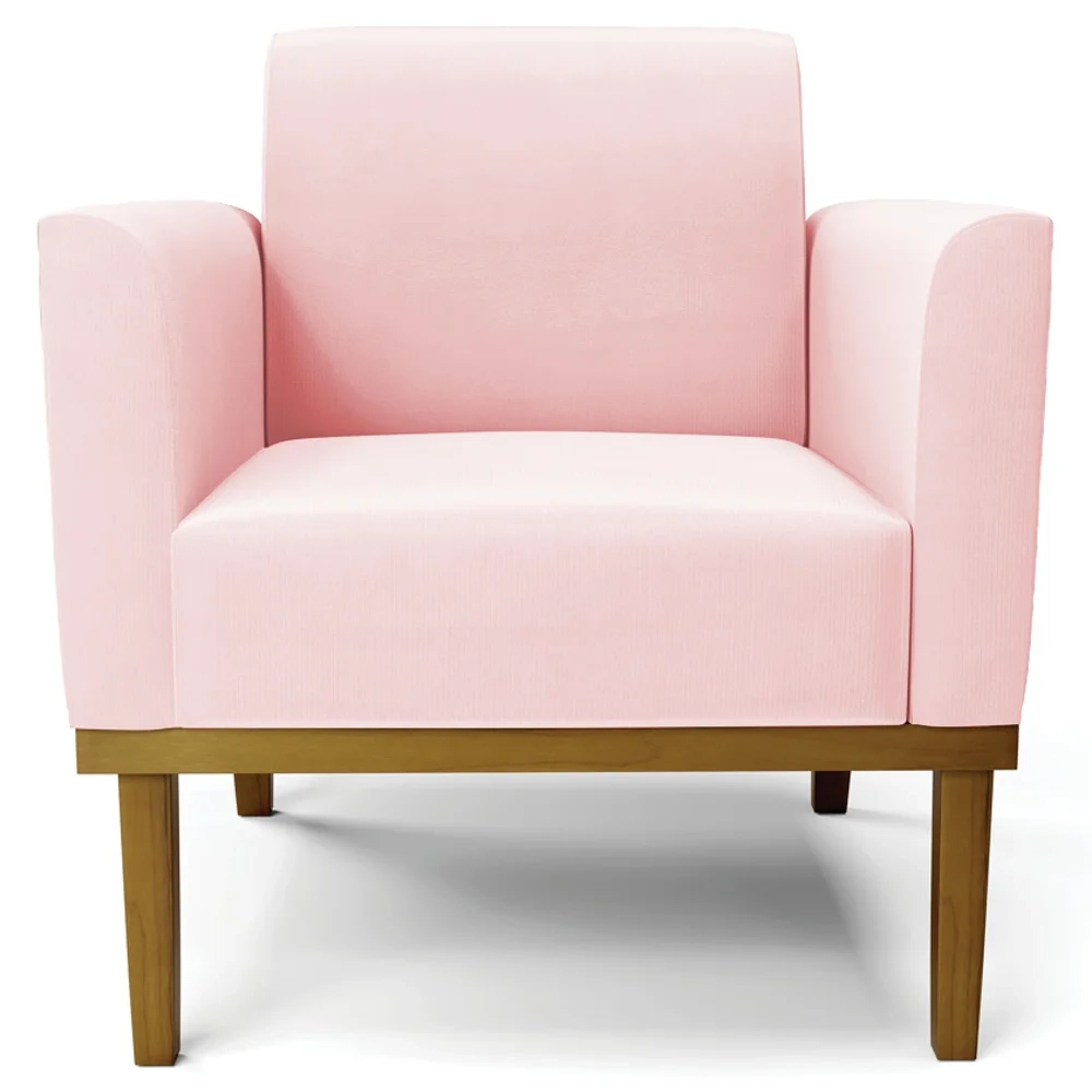 Sofá Namoradeira e 1 Poltrona Base Madeira Castanho Maressa Suede Rosa Bebê - Ibiza