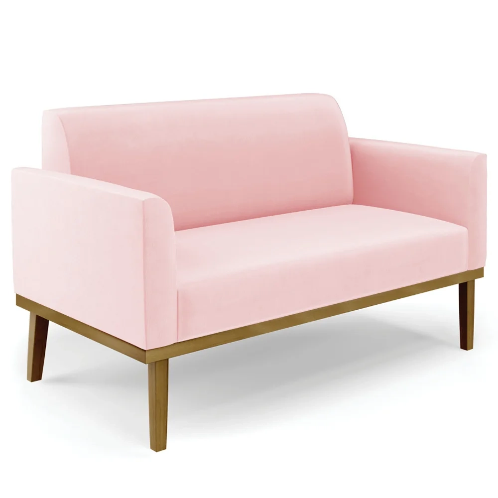 Sofá Namoradeira e 1 Poltrona Base Madeira Castanho Maressa Suede Rosa Bebê - Ibiza