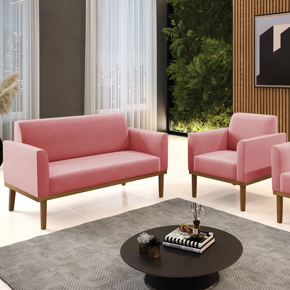 Sofá Namoradeira e 1 Poltrona Base Madeira Castanho Maressa Suede Rosê - Ibiza