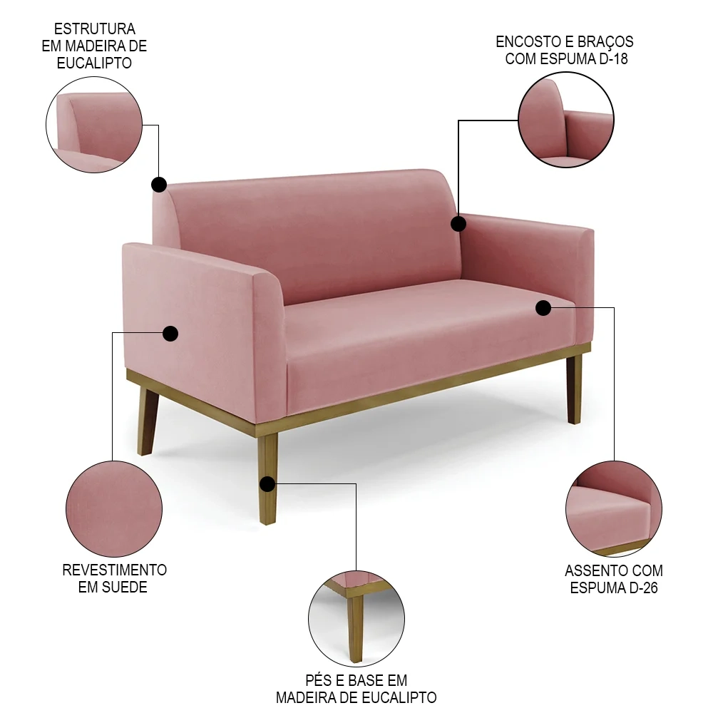 Sofá Namoradeira e 1 Poltrona Base Madeira Castanho Maressa Suede Rosê - Ibiza
