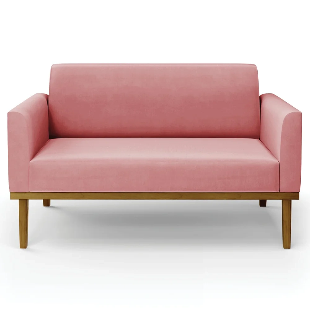 Sofá Namoradeira e 1 Poltrona Base Madeira Castanho Maressa Suede Rosê - Ibiza