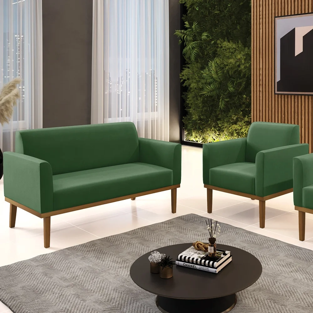 Sofá Namoradeira e 1 Poltrona Base Madeira Castanho Maressa Suede Verde - Ibiza