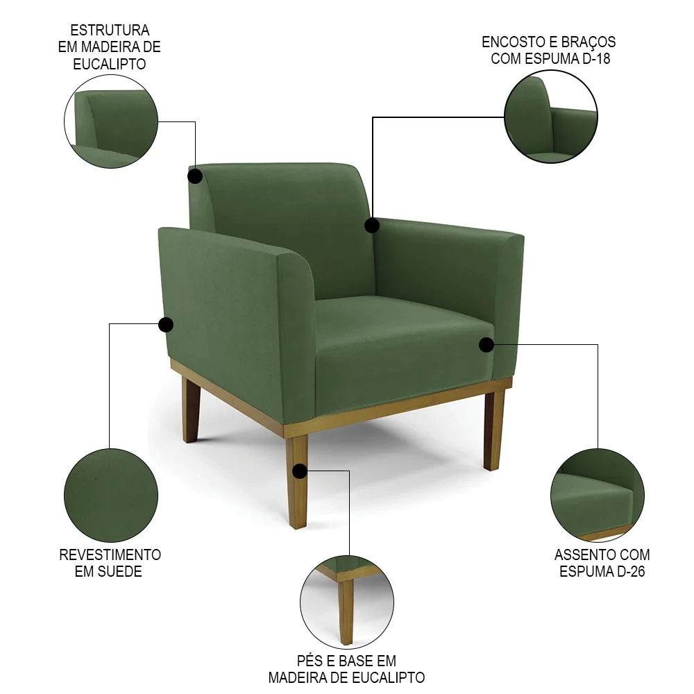 Sofá Namoradeira e 1 Poltrona Base Madeira Castanho Maressa Suede Verde - Ibiza