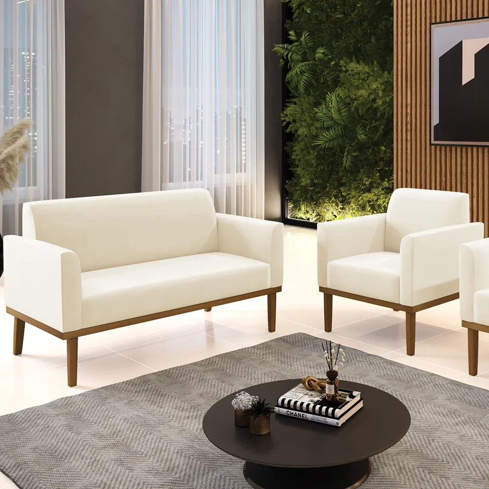 Sofá Namoradeira e 1 Poltrona Base Madeira Castanho Maressa Veludo Bege - Ibiza